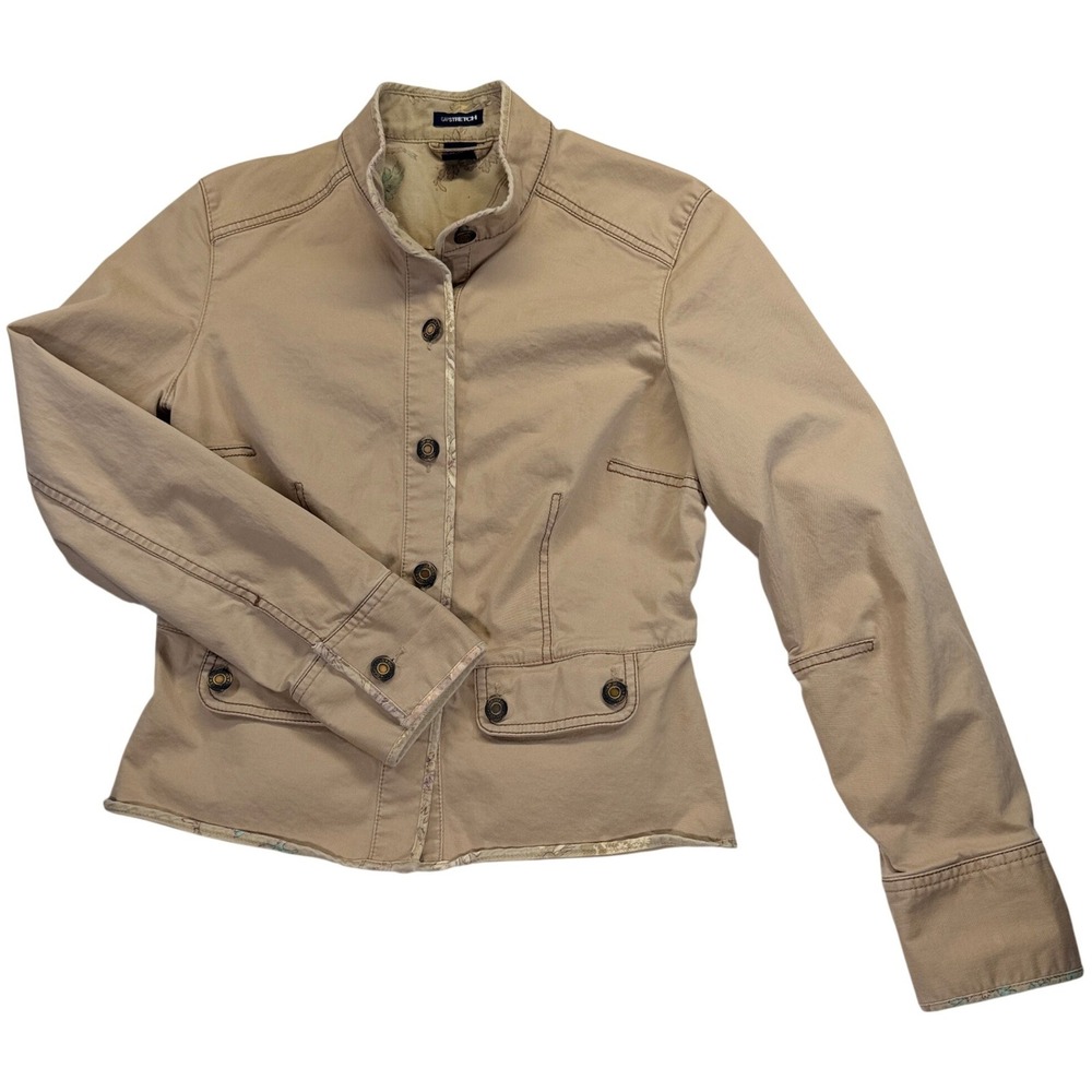 Gap Utility Jacket Womens Size S Tan GapStretch Button Front Floral Lined Twill